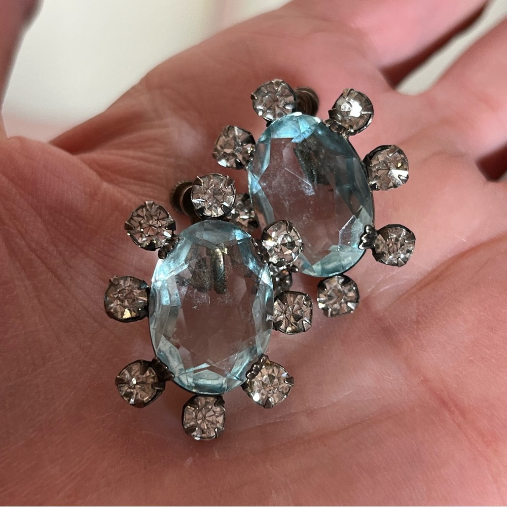 Antique Art deco Sterling Silver oversized pale blue quartz Screw back earrings - Picture 12 of 15